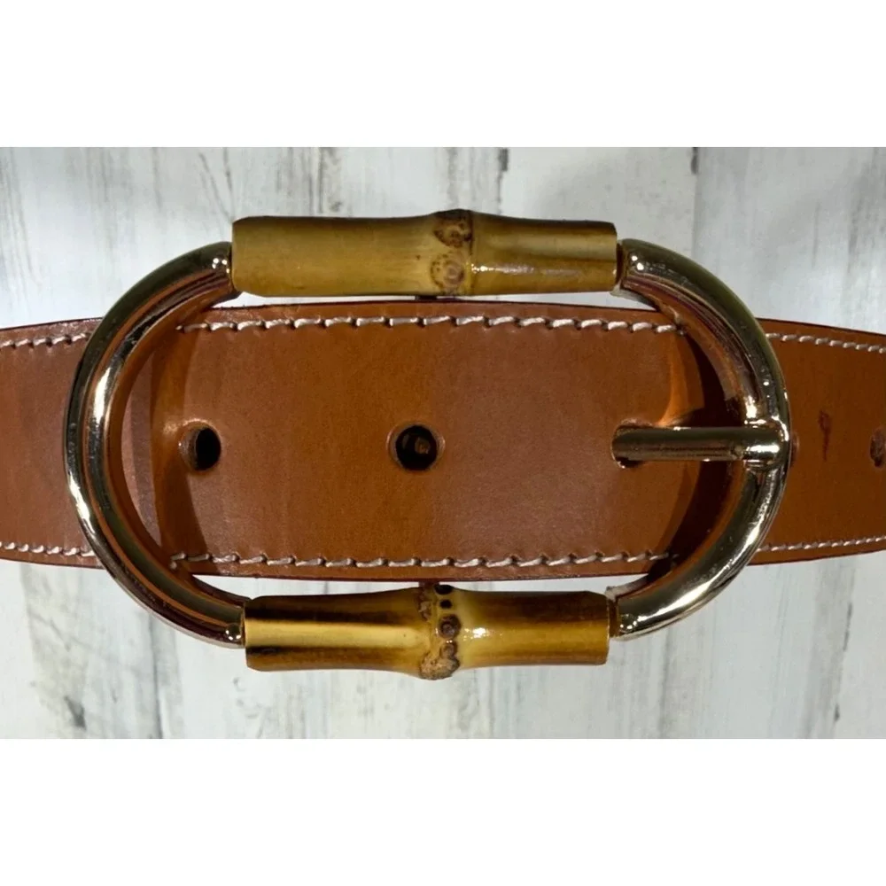 J McLaughlin Belt Large Brown Bamboo Gold Buckle Preppy Neutral Designer READ